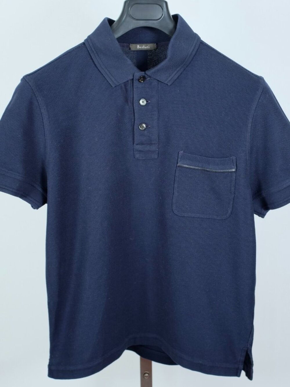 BERLUTI 48 US 38 Polo T shirt navy leather trim